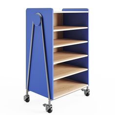 a blue bookcase with four shelves on wheels