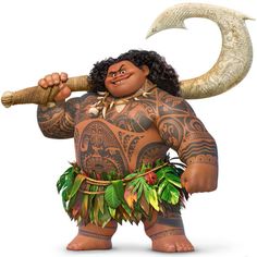 a cartoon character holding a large wooden stick and wearing an elaborately decorated hula skirt