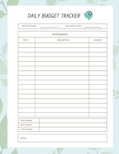 a printable daily budget tracker with green leaves on the background and text reading'daily budget tracker '