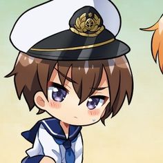 two anime characters wearing sailor hats, one in uniform and the other in dress clothes