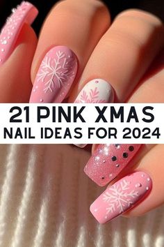 Pretty Xmas Nails, Pink Nails Glitter Design, Christmas Nails In Pink, Nail Art Christmas Designs 2024, Pink And Blue Christmas Nails, Christmas Nails With Charms, Rose Gold Christmas Nails, Almond Holiday Nails, Christmas Nails 2024 Trends