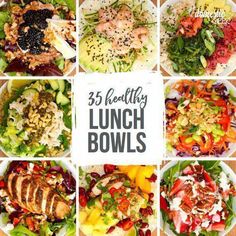 a collage of photos with the words 35 healthy lunch bowls in it's center