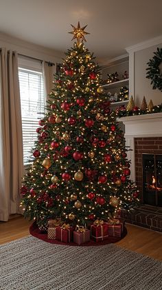 a christmas tree with red and gold ornaments in front of a fireplace decorated for the holidays