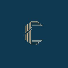 the letter c made up of lines and dots in gold on a dark blue background