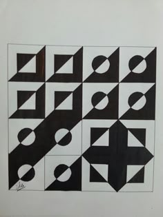 an abstract black and white drawing with circles, squares, and rectangles on paper