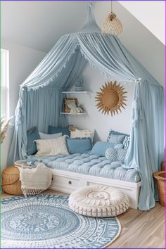 a bedroom with a canopy bed and rugs on the floor in front of it