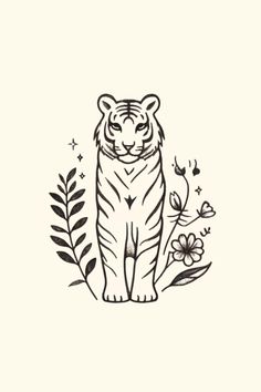 a black and white drawing of a tiger sitting on top of a flowery branch