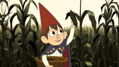 a cartoon character holding a basket in the middle of a corn field