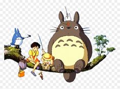 an image of people sitting on a branch with totoro and other characters in the background