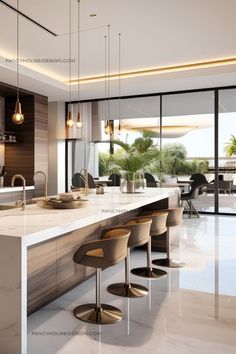 a kitchen with marble counter tops and bar stools next to an open floor plan