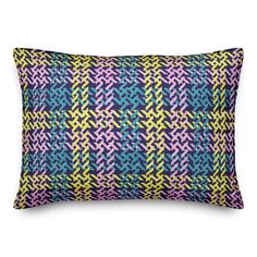 a multicolored pillow with an abstract pattern on it's back and sides