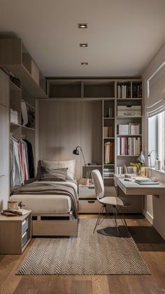 a bedroom with a bed, desk and bookshelf next to a large window