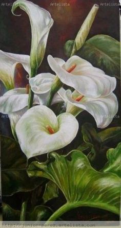 a painting of white flowers with green leaves