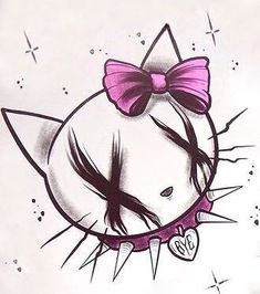 a drawing of a cat with a pink bow on it's head and eyes