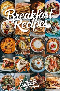 the cover of breakfast recipes cookbook with pictures of different foods and dishes on it