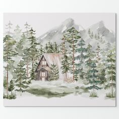 a watercolor painting of a cabin in the woods