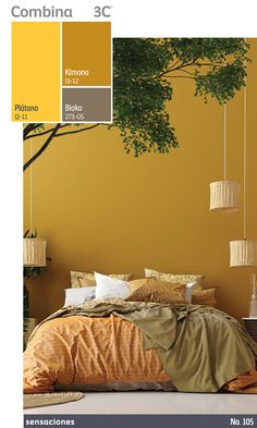 a bedroom with yellow walls and brown bedding in the foreground is an image of a tree