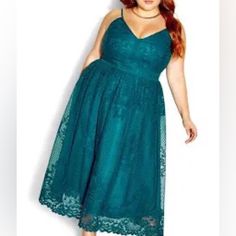 This Pretty Dress Starts With Adjustable Spaghetti Straps. The Bodice Or Corset Part Is Bones Like A Proper Corset To Stay Put. It Comes Out In A Fuller Skirt. Dress Is A Sheer See-Through Lace That Is Fully Line With The Same Color. A Beautiful Jewel Tone Deep Teal. A Zipper Back. New With Tags This Is The Perfect Wedding Guest Dress But Wear It However You Want To Marked A Size One If You Look At City Chick This Equates To A 20 Corset Lace Dress, Tiffany Dress, Tiffany Dresses, Trendy Plus Size Dresses, City Chic Dresses, Plus Size Cocktail Dresses, Date Night Dresses, Review Dresses, Lace Midi