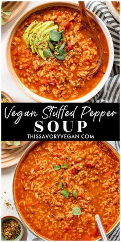 vegan stuffed pepper soup in a white bowl