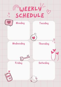 the weekly schedule is shown in pink with hearts and other things to do on it