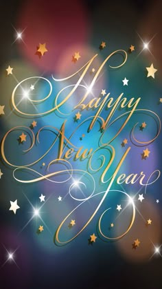 a happy new year greeting card with stars and sparkles on a dark background,