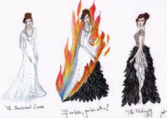 three drawings of women dressed in evening gowns with flames coming out of their dresses