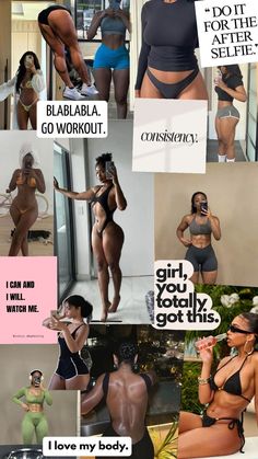 a collage of photos with different women in bikinis and panties, all showing their muscles