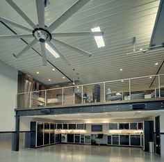 a large open room with an overhead fan in the center and lots of counter space