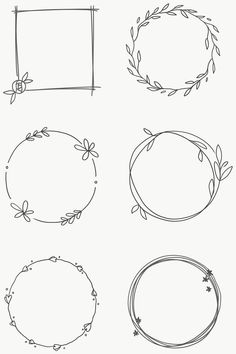 four hand drawn frames with flowers and leaves on them, all in different shapes and sizes