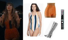 a woman in an orange and blue striped swimsuit next to a pair of thigh high boots