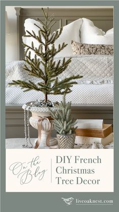 a small pine tree in a pot on a table next to some books and a bed