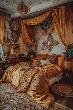 an ornate bedroom with gold bedding and drapes