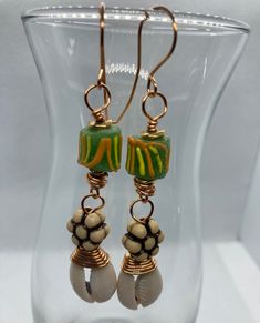 Afrocentric Beaded Cowrie Shell Earrings Ghana Glass Beads - Etsy Unique Beaded Earrings With Dangling Beads For Beach, Unique Dangling Beaded Earrings For Beach, Unique Dangling Beads Earrings For Beach, Unique Beaded Earrings For Beach, Unique Green Beaded Earrings For Beach, Unique Adjustable Beaded Earrings For Beach, Eclectic Beaded Jewelry For The Beach, Eclectic Beaded Jewelry For Beach, Eclectic Beaded Beach Jewelry