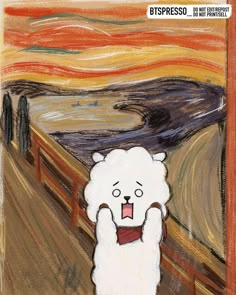 a drawing of a white sheep standing in front of a painting with an orange sky behind it