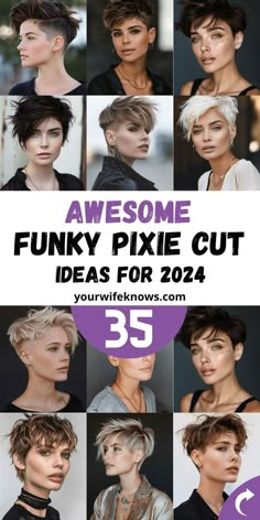 Step into 2024 with the most revolutionary funky pixie cuts, featuring daring shaved sides, bold bangs, and a blend of edginess and sophistication. Perfect for women looking to make a statement, these super short hairstyles cater to all, including those with round faces and varying hair types, from thick to fine. Embrace a new era of short hair colours and styles designed to enhance your individuality. Super Short Pixie Shaved Sides, Shaved Sides With Bangs, Funky Pixie Cut, Bold Bangs, Caramel Hair Color Ideas, Shaved Pixie Cut, Caramel Hair Color