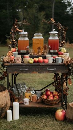 an outdoor table with apples, cider and other food items on it in the grass