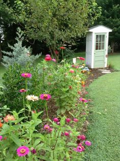 a garden with pink and white flowers next to a small shed in the middle of it