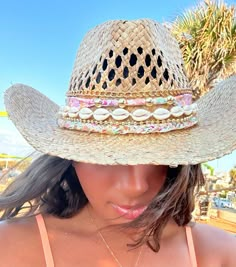 the cutest beachy cowgirl hat #coastal #cowgirl #beach #beachlife #florida #tampa #hat #diy #instagram #instafashion Coastal Cowgirl Cake, Diy Straw Hat Decoration, Coastal Cowgirl Hats Diy, Coastal Cowgirl Hat Beads Diy, Coastal Cowgirl Hat Diy, Beach Cowgirl Hat, Cowboy Hat Diy