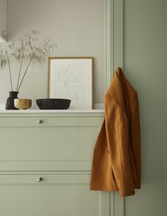 a coat hanging on a dresser next to a potted plant and a framed photograph