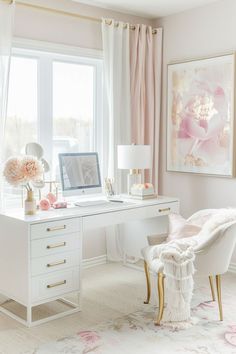 a white desk and chair in front of a large window with pink flowers on it