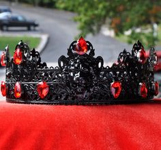 "Black Lion Gothic Crown, King Crown, Male Crown, Men's Crown, Crowns and Tiaras, black, Medieval, Head Accessories, Custom Crown, halloween This is great handmade medieval style crown. Unique design and fine jewelry quality of work. Great accent for kings or queens or other noble character, great accessory for both events and regular usage. - Crown is made to fit head circumference, please measure the size as it showing on a picture. - Choose stones colors you like - Higher point 3\" ( 8 cm) Ready to ship" Black Fantasy Costume Accessories For Larp, Black Medieval Costume Accessories For Costume Party, Black Medieval Costume Accessories For Parties, Medieval Black Costume Accessories For Party, Male Crown King, Black And Red Crown, Crown Male, Sweet Sixteen Themes, Victorian Crown