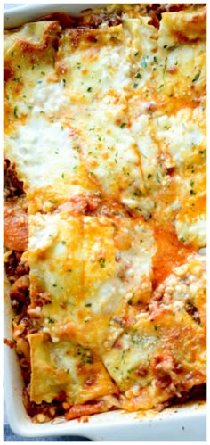 a casserole dish filled with meat and cheese