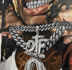 a painting of a man with chains on his neck and teeth in front of him