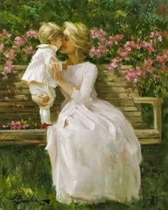 a painting of a woman and child sitting on a bench with flowers in the background