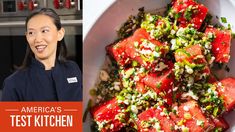 a woman standing in front of a bowl of food with the words america's test kitchen on it