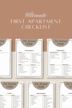 the ultimate printable first apartment checklist is shown in brown and white with gold accents