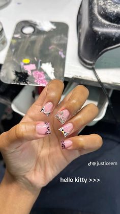 Medium Nails Colorful, Cherry Hello Kitty Nails, Hello Kitty Natural Nails, Cheetah And Zebra Print Nails, Baby Nail Designs, Pink Tiger Nails, Cherry Cheetah Nails, Short Nails Hello Kitty, Toddler Nail Ideas