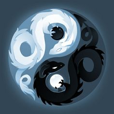 two white and black dragon yin - yangs on a dark blue background with the moon in the center