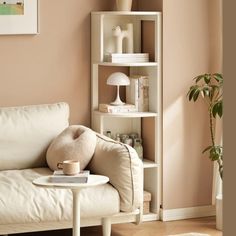 a living room filled with furniture and a white book shelf next to a plant on top of a table