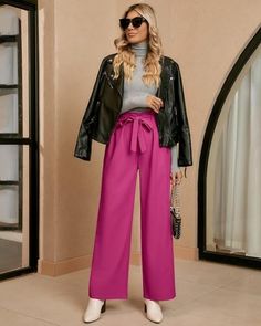 Fashion Trends // Complete a chic outfit wearing this magenta high waist wide leg elastic waist belted trousers.